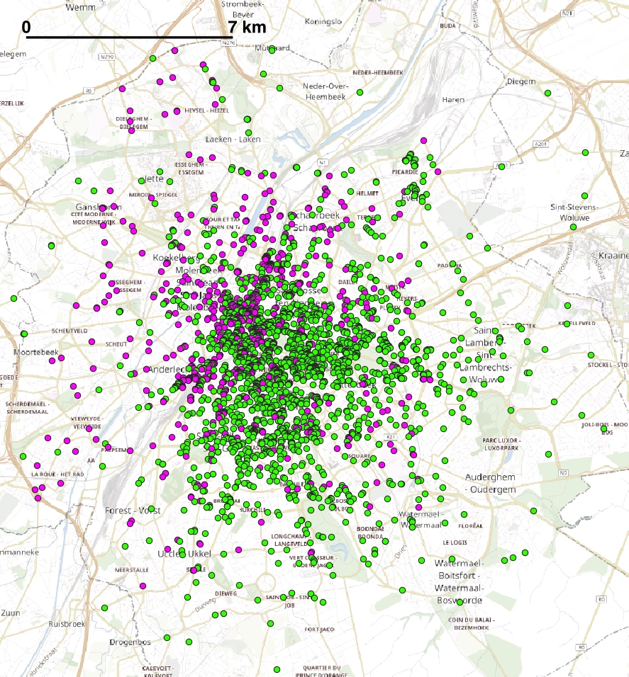 Map of e-scooter operators Pony and Lime in the Belgian capital Brussels.