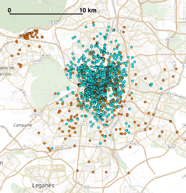 Map of e-scooter operators LINK and Bird in the Spanish capital Madrid.