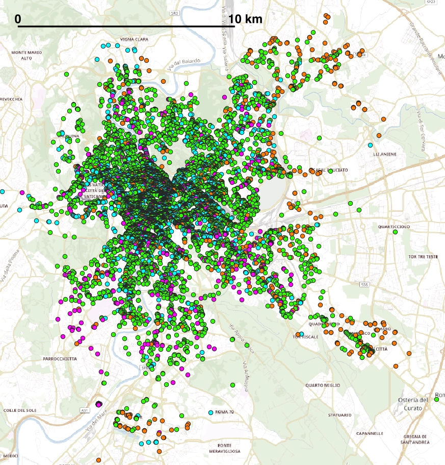 Map of e-scooter operators Lime, Bird, LINK and Helbiz in the Italian capital Rome.