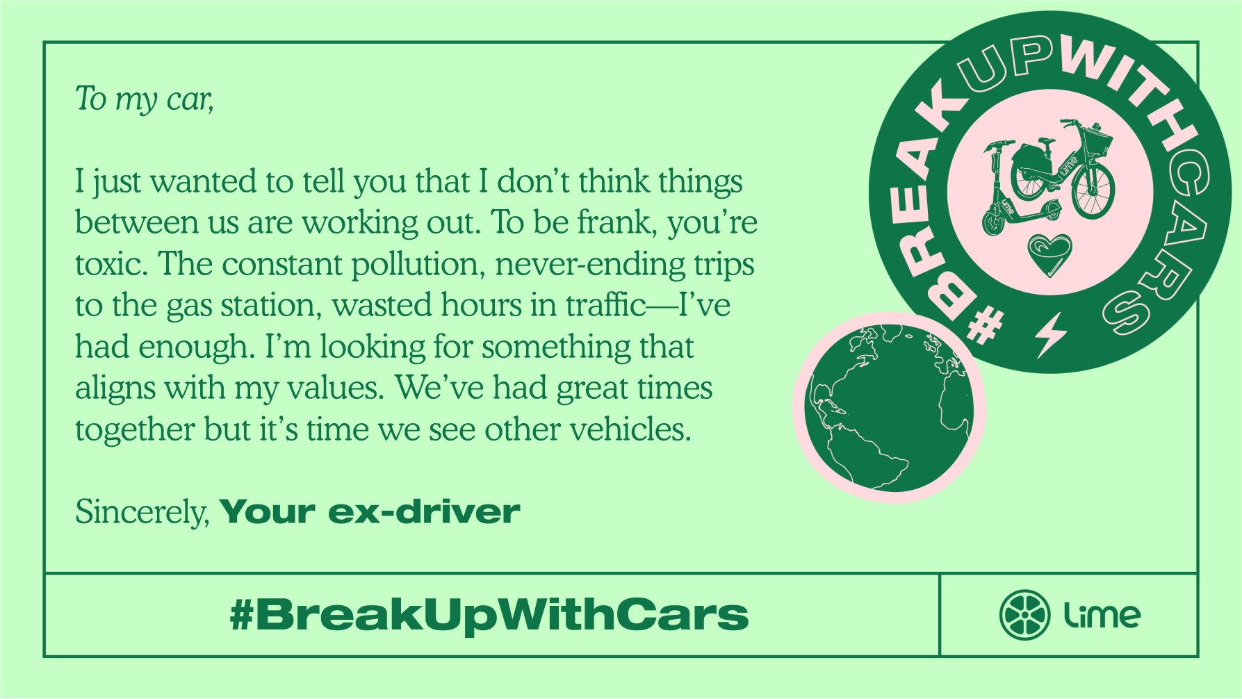 “Break Up With Cars” campaign offers drivers £2,600 worth of Lime rides